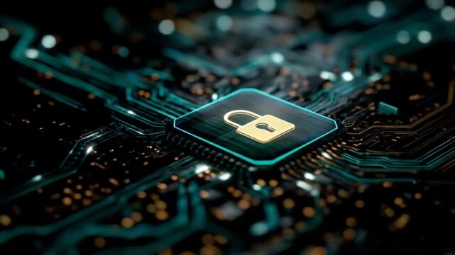 Abstract computer chip with digital padlock symbol for security concepts