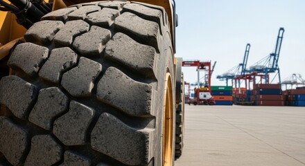 Close-up of a heavy equipment tire at a container port. Industrial vehicle in a shipping yard with cranes and cargo. Global trade, logistics and transportation concept