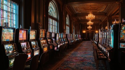 A luxurious gaming hall showcases numerous slot machines lined along the walls illuminated by grand chandeliers. The space exudes an inviting atmosphere for players.