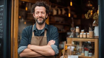 Fototapeta premium A cheerful man with curly hair and an apron smiles as he stands outside his cafe. The shops warm interior is filled with various tasty goods and decorations.