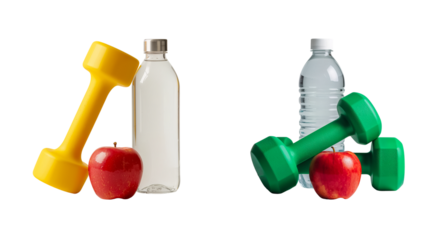 A bottle of water, a dumbbell, and an apple isolated on a transparent background
