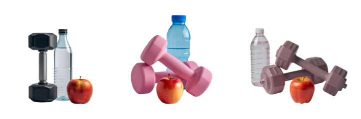 A bottle of water, a dumbbell, and an apple isolated on a transparent background