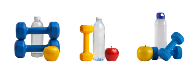 A bottle of water, a dumbbell, and an apple isolated on a transparent background