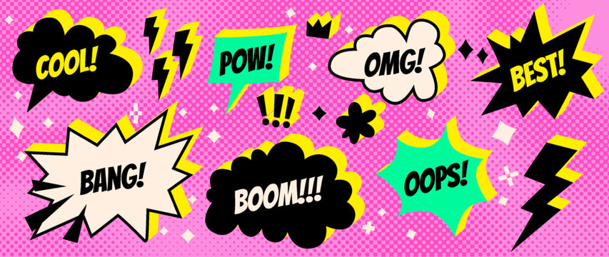 Comic book speech bubbles with 3D sound effects. Cool, Pow, Boom, Bang, Omg action words. Colorful pop art balloons on pink halftone bg. Funny onomatopoeia vector stickers for comix and anime design