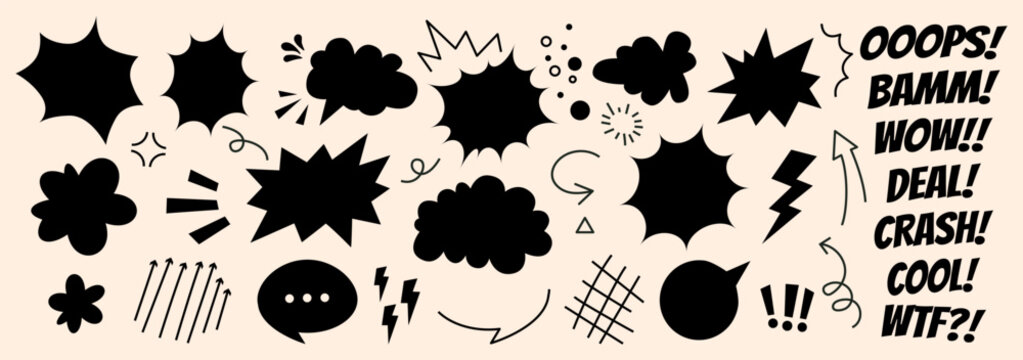 Black comic speech bubbles set with oops, bamm, wow text effects on white. Bold doodle chat balloons and retro pop art action words for comics design, manga scenes, messages, dynamic cartoon stickers