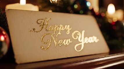 Retro gold lettering happy new year card assembly with christmas baubles candles and fir branches. Festive holiday greeting setup sequence for new year celebration concept. - Powered by Adobe