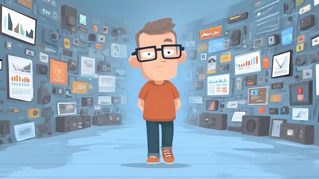 Cartoon avatar character standing amidst animated technology interfaces showcasing data streams and electronic devices