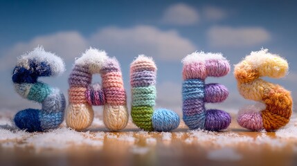 Isolated on white background, colorful soft yarn crochet letters forming the word "SALES," showcasing vibrant textures and playful design elements for promotional use