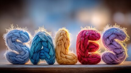 Isolated on white background, colorful soft yarn crochet letters forming the word SALES, showcasing vibrant textures and inviting visual appeal for promotional purposes