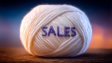 Soft cream colored yarn ball with purple lettering spelling 'SALES' on a rustic wooden surface, creating a cozy and inviting atmosphere for craft enthusiasts and promotional materials