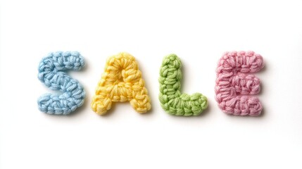 Isolated on white background, colorful handcrafted amigurumi letters spelling sale, showcasing unique texture and vibrant hues, perfect for promotional materials and creative projects