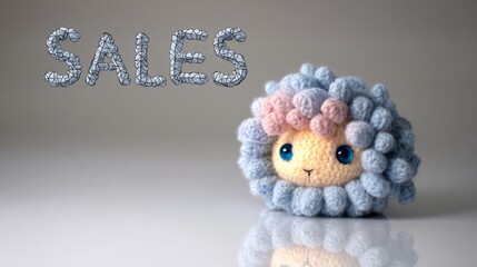 Cute crocheted sheep toy with fluffy blue and pink wool, showcasing adorable features and a charming expression, perfect for sales and promotional displays