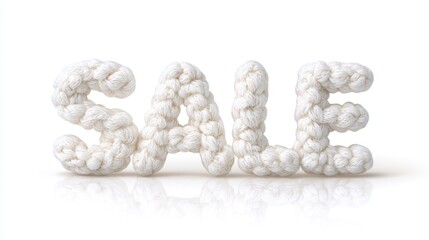 Handcrafted amigurumi sale button isolated on white background, featuring textured yarn letters, perfect for promoting handmade crafts and seasonal discounts with copy space