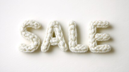 Handcrafted amigurumi sale button isolated on white background, featuring textured yarn letters creatively arranged to convey a promotional message for unique handmade items