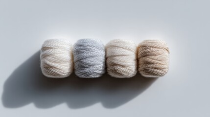 Four rolls of soft yarn in neutral tones, arranged on a white background, showcasing textures and colors ideal for crafting and handmade projects with copy space