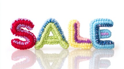 Handcrafted amigurumi letters spelling sale, isolated on white background, showcasing vibrant colors and unique textures, perfect for promotional materials and creative projects