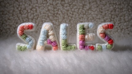 Handcrafted amigurumi style letters spelling sales, featuring colorful yarn textures on a soft background, showcasing the charm of handmade crafts and commercial photography