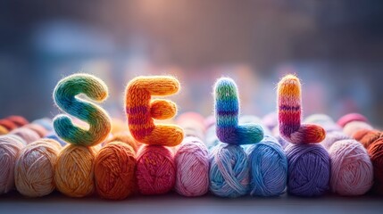 Colorful soft yarn crochet letters spelling sell, isolated on white background, showcasing vibrant textures and inviting appeal for crafting enthusiasts and creative projects
