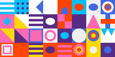 Obraz premium Abstract geometric pattern with vibrant colorful shapes, squares, circles, and triangles creating a modern grid design.