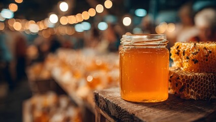Golden Honey Jar and Honeycomb at the Market