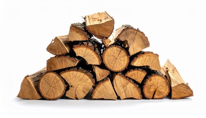 Stack of cut firewood logs on white background, natural wood fuel for fireplace or rustic design.