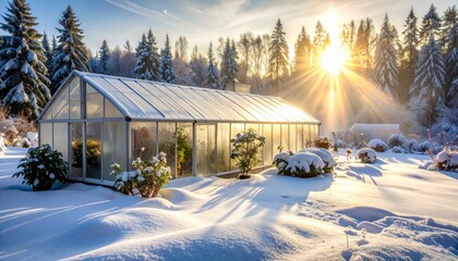 Glass greenhouse in snowy garden at winter sunset with sun rays and pine trees.