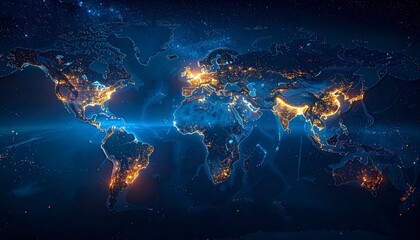 World map at night with glowing city lights and digital network connections, global data.