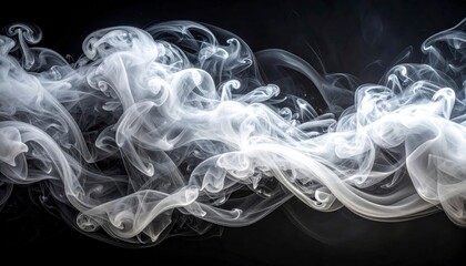 White swirling smoke clouds on black background, abstract steam and fog texture for design.