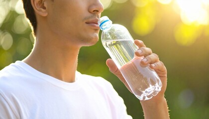 Hydrating man in bright sunlight sips water from clear bottle. Ideal for health, lifestyle, hydration, fitness, outdoors, and summer concepts.