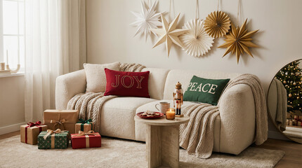 Cozy minimalist reading corner with modern armchair, abstract wall art and simple shelving in warm neutral living room interior