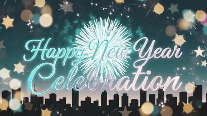 Animated happy new year celebration with fireworks and city skyline. Festive pink lettering emerges amid bokeh lights and starry night for holiday greetings.