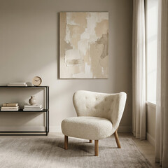 Cozy minimalist reading corner with modern armchair, abstract wall art and simple shelving in warm neutral living room interior