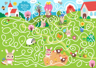 Naklejka premium Easter village maze for children with rural country scene and bunny going to house with egg basket. Detailed labyrinth game with animals, church. Spring holiday printable activity, worksheet