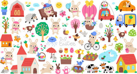 Vector Easter clipart set. Cute farm icons collection with bunny, chicks, church, colored eggs, basket, flowers, house, nest, nature element. Festive illustrations for kids. Spring holiday design pack