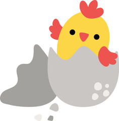 Vector yellow chick getting out of grey egg icon. Farm bird waving wing clipart isolated on white background. Spring or Easter baby chick illustration. Cute domestic animal illustration