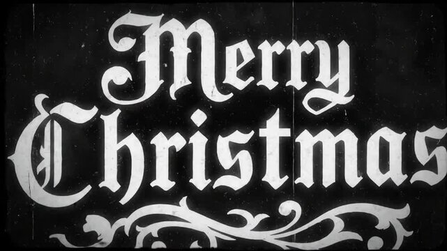 Retro merry christmas lettering animation. Vintage style text sequence with ornate white frames on black background. Festive holiday greeting design for cards and invitations. Classic gothic font