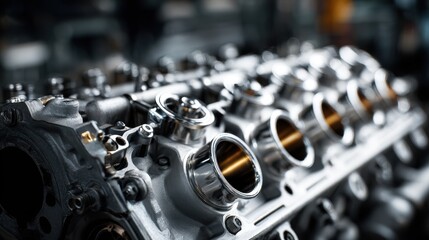 Detailed view of a high-performance engine block with polished intake manifold trumpets.