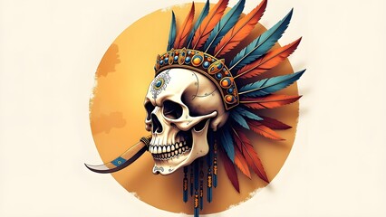 Watercolor Aztec Warrior Skull with Feathers and Ancient Symbols