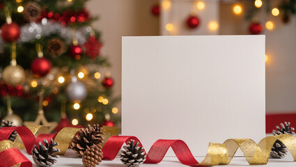 Blank card mockup on a white surface with pine cones and ribbons, surrounded by blurred Christmas tree lights and ornaments