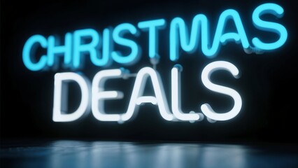 "CHRISTMAS DEALS" neon sign with glowing text isolated on dark background, typography for holiday sale promotion and marketing