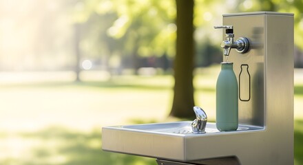 Reusable water bottle refilling at a public drinking fountain in a sunny park, promoting environmental ecology and sustainable hydration concept