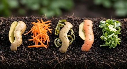 Fresh kitchen waste including potato and carrot peels on rich compost soil for an ecological composting concept and sustainable agriculture