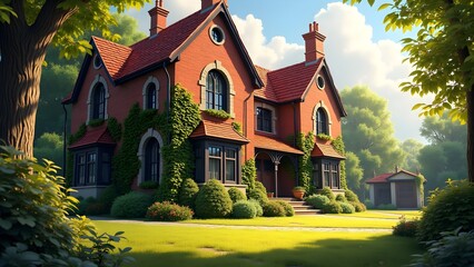 Charming Old Town House with Red Brick Walls and Green Lawn