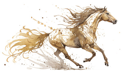 Watercolor illustration of a galloping horse with flowing mane and abstract paint splatter effect on a white background © CrownedCanvas