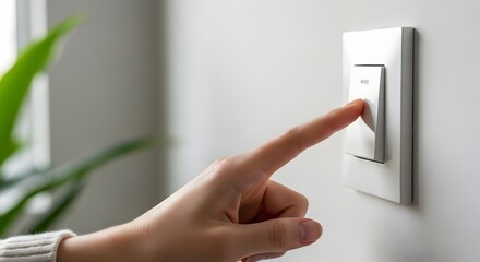 Naklejka premium Close up of a hand pressing a modern light switch on a white wall with blurred green plant for energy saving concept and ecological living