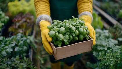 Gardener Holding a Wooden Box of Fresh Basil