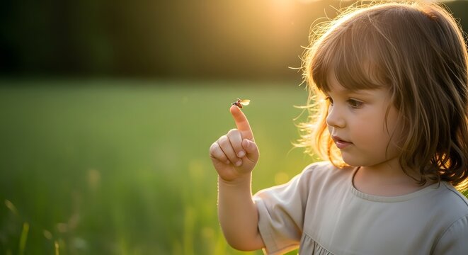 Little girl releasing a ladybug outdoors during golden hour for childhood ecology wonder concept and connection with nature - Powered by Adobe