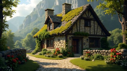 Historic Countryside Cottage with Stone Walls and Moss Roof