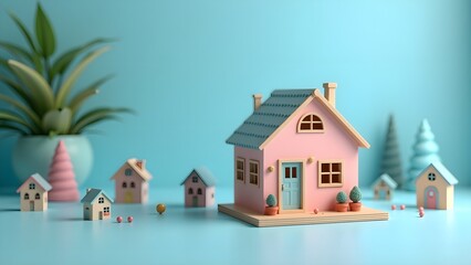 Small DIY Craft Home on Blue Pastel Background with Soft Lighting