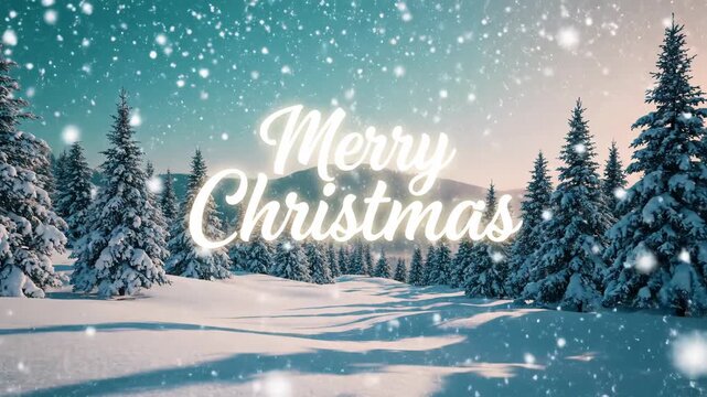 Merry Christmas lettering in snowy winter forest. Festive holiday greeting with falling snowflakes and pine trees. Seasonal typography animation for celebrations.